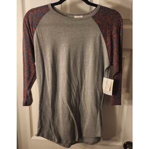 LuLaRoe Randy Tee NWT Women’s Small Gray Raglan Patterned Sleeves